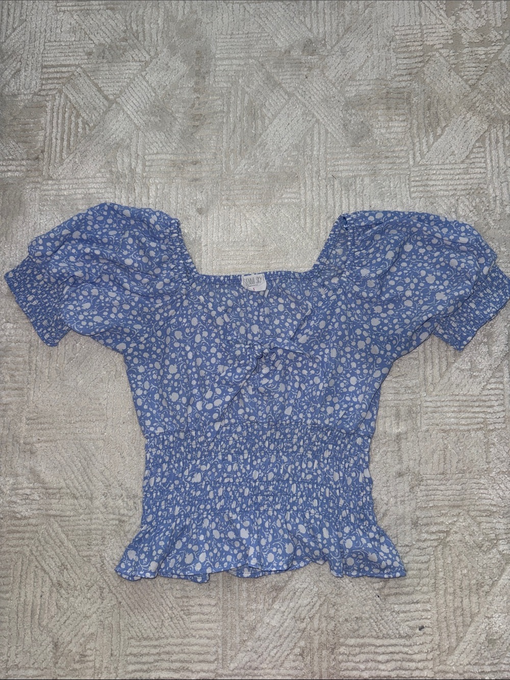 Sienna Sky Blue Floral Smocked Puff-Sleeve Women's Top